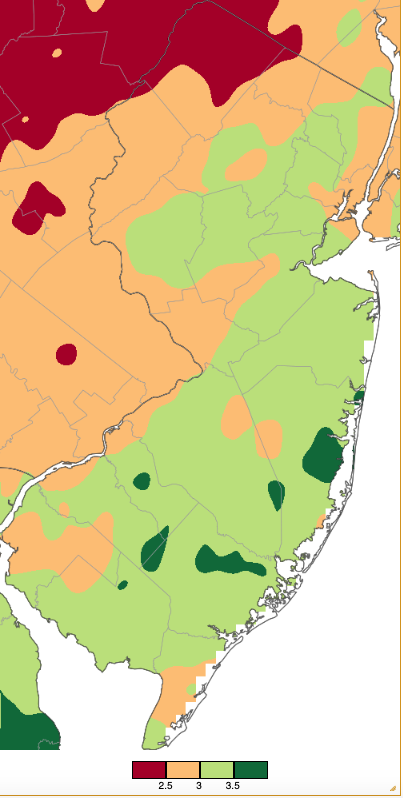 Figure 1. February 2025 precipitation across New Jersey based on a PRISM (Oregon State University) analysis generated using NWS Cooperative, CoCoRaHS, NJWxNet, and other professional weather station observations from 7 AM on January 31st to 7 AM on February 28th. Note the scale in inches at the bottom of the map. Totals range from 2.00”–2.49” (dark red) to 3.50”–3.99” (dark green). Map of February 2025 precipitation across New Jersey based on a PRISM (Oregon State University) analysis generated using NWS Cooperative, CoCoRaHS, NJWxNet, and other professional weather station observations from 7 AM on January 31st to 7 AM on February 28th.