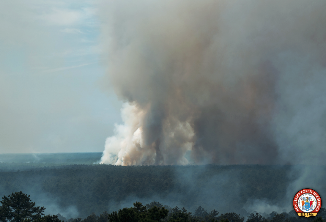 A smoke plume from the early July Tea Time Hill fire in Wharton State Forest (photo courtesy of the NJ Forest Fire Service). A smoke plume from the early July Tea Time Hill fire in Wharton State Forest (photo courtesy of the NJ Forest Fire Service).