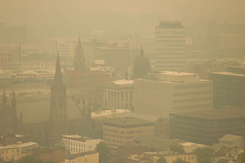 Wildfire smoke blankets downtown Paterson (Passaic County) on June 7th. Photo by Steve Hockstein/NJ Advance Media. Wildfire smoke blankets downtown Paterson (Passaic County) on June 7th. Photo by Steve Hockstein/NJ Advance Media.