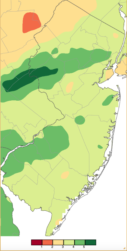 Figure 2. April 1–15, 2025, precipitation across New Jersey based on a PRISM (Oregon State University) analysis generated using NWS Cooperative, CoCoRaHS, NJWxNet, and other professional weather station observations from 8 AM on March 31st to 8 AM on April 15th. Note the scale in inches at the bottom of the map. Totals range from 0.00”–0.99” (dark red) to 5.50”–5.99” (dark green). April 1–15, 2025, precipitation across New Jersey based on a PRISM (Oregon State University) analysis generated using NWS Cooperative, CoCoRaHS, NJWxNet, and other professional weather station observations from 8 AM on March 31st to 8 AM on April 15th.