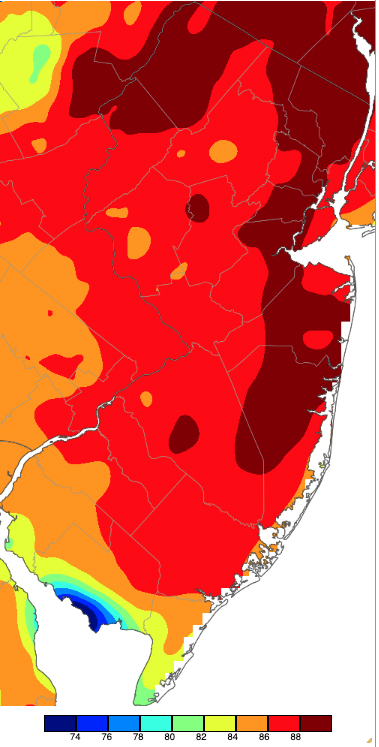 Figure 10. Maximum temperatures on April 13th based on a PRISM (Oregon State University) analysis generated using NWS, NJWxNet, and other professional weather stations. Note the 2-degree scale beneath the map. Maximum temperatures on April 13th based on a PRISM (Oregon State University) analysis generated using NWS, NJWxNet, and other professional weather stations.