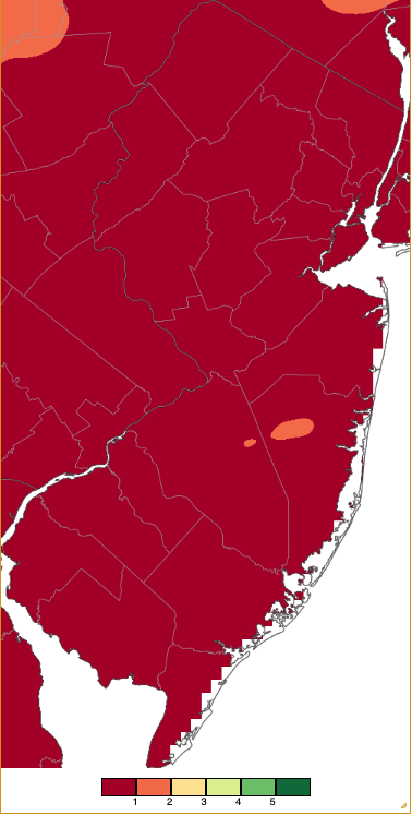 Figure 3. April 16–30, 2025, precipitation across New Jersey based on a PRISM (Oregon State University) analysis generated using NWS Cooperative, CoCoRaHS, NJWxNet, and other professional weather station observations from 8 AM on April 15th to 8 AM on April 30th. Note the scale in inches at the bottom of the map. Totals range from 0.00”–0.99” (dark red) to 5.50”–5.99” (dark green; same legend as Figure 2). April 16–30, 2025, precipitation across New Jersey based on a PRISM (Oregon State University) analysis generated using NWS Cooperative, CoCoRaHS, NJWxNet, and other professional weather station observations from 8 AM on April 15th to 8 AM on April 30th.