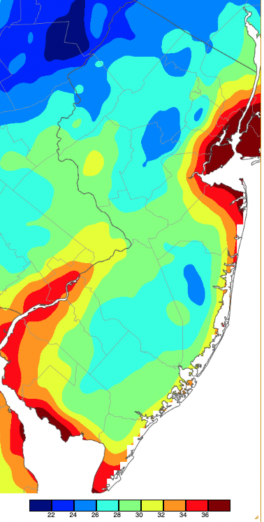 Figure 11. Minimum temperatures on April 3rd based on a PRISM (Oregon State University) analysis generated using NWS, NJWxNet, and other professional weather stations. Note the 2-degree scale beneath the map. Minimum temperatures on April 3rd based on a PRISM (Oregon State University) analysis generated using NWS, NJWxNet, and other professional weather stations.