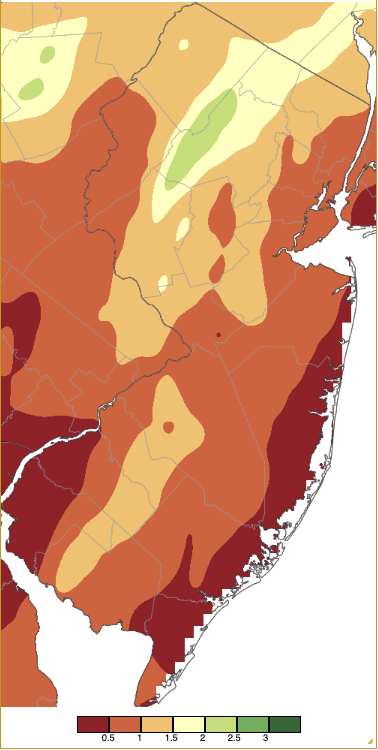 Figure 4. Precipitation across New Jersey from 8 AM on April 11th through 8 AM April 13th based on a PRISM (Oregon State University) analysis generated using NWS Cooperative, CoCoRaHS, NJWxNet, and other professional weather station observations. Precipitation across New Jersey from 8 AM on April 11th through 8 AM April 13th based on a PRISM (Oregon State University) analysis generated using NWS Cooperative, CoCoRaHS, NJWxNet, and other professional weather station observations.