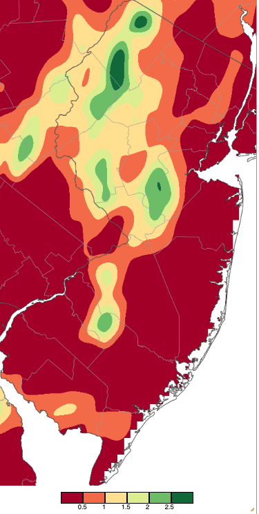 Figure 5. Precipitation across New Jersey from 8 AM on April 15th through 8 AM April 16th based on a PRISM (Oregon State University) analysis generated using NWS Cooperative, CoCoRaHS, NJWxNet, and other professional weather station observations. Note the scale in inches beneath the map. Precipitation across New Jersey from 8 AM on April 15th through 8 AM April 16th based on a PRISM (Oregon State University) analysis generated using NWS Cooperative, CoCoRaHS, NJWxNet, and other professional weather station observations.