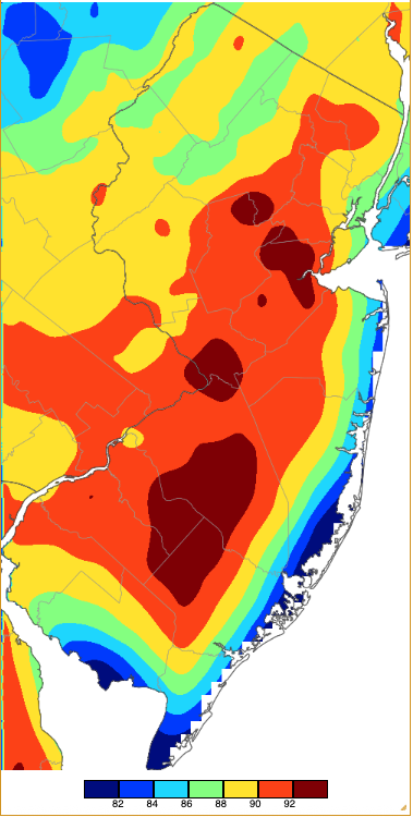 Figure 3. Maximum temperatures on April 16th based on a PRISM (Oregon State University) analysis generated using NWS, NJWxNet, and other professional weather stations. Note the 2° scale beneath the map. Map of maximum temperatures on April 16th based on a PRISM (Oregon State University) analysis generated using NWS, NJWxNet, and other professional weather stations.