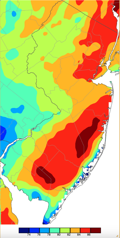 Figure 15. Maximum temperatures on April 19th based on a PRISM (Oregon State University) analysis generated using NWS, NJWxNet, and other professional weather stations. Maximum temperatures on April 19th based on a PRISM (Oregon State University) analysis generated using NWS, NJWxNet, and other professional weather stations.