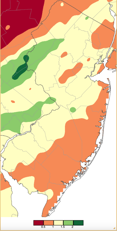 Figure 4. Precipitation across New Jersey from 8 AM on March 31st through 8 AM April 1st based on a PRISM (Oregon State University) analysis generated using NWS Cooperative, CoCoRaHS, NJWxNet, and other professional weather station observations. Note the scale in inches beneath the map. Precipitation across New Jersey from 8 AM on March 31st through 8 AM April 1st based on a PRISM (Oregon State University) analysis generated using NWS Cooperative, CoCoRaHS, NJWxNet, and other professional weather station observations.