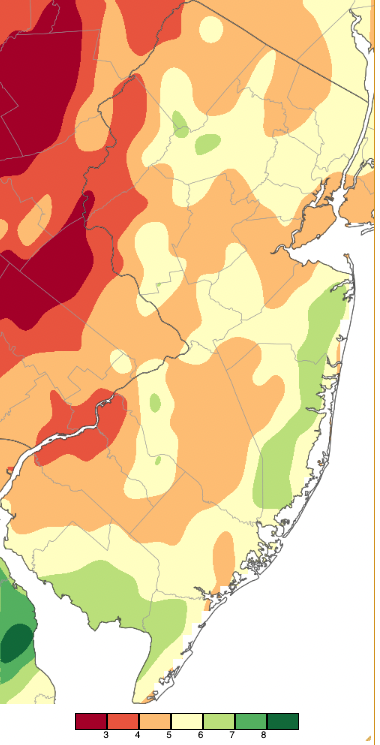 Figure 2. April 2023 precipitation across New Jersey based on a PRISM (Oregon State University) analysis generated using NWS Cooperative, CoCoRaHS, NJWxNet, and other professional weather station observations from approximately 8 AM on March 31st to 8 AM on April 30th. Note the scale in inches at the bottom of the map. Totals range from 2.00”–3.00” (dark red) to 8.00”–9.00” (dark green). April 2023 precipitation across New Jersey based on a PRISM (Oregon State University) analysis generated using NWS Cooperative, CoCoRaHS, NJWxNet, and other professional weather station observations from approximately 8 AM on March 31st to 8 AM on April 30th.