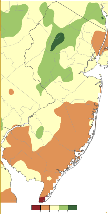 Figure 1. April 2024 precipitation across New Jersey based on a PRISM (Oregon State University) analysis generated using NWS Cooperative, CoCoRaHS, NJWxNet, and other professional weather station observations from 8 AM on March 31st to 8 AM on April 30th. Note the scale in inches at the bottom of the map. Totals range from 2.00”–3.00” (dark red) to 6.00”–7.00” (dark green). April 2024 precipitation across New Jersey based on a PRISM (Oregon State University) analysis generated using NWS Cooperative, CoCoRaHS, NJWxNet, and other professional weather station observations from 8 AM on March 31st to 8 AM on April 30th.