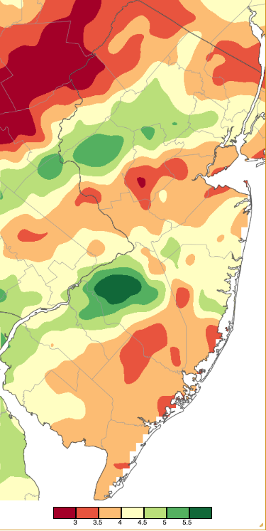 Figure 1. April 2025 precipitation across New Jersey based on a PRISM (Oregon State University) analysis generated using NWS Cooperative, CoCoRaHS, NJWxNet, and other professional weather station observations from 8 AM on March 31st to 8 AM on April 30th. Note the scale in inches at the bottom of the map. Totals range from 2.50”–2.99” (dark red) to 5.50”–5.99” (dark green). April 2025 precipitation across New Jersey based on a PRISM (Oregon State University) analysis generated using NWS Cooperative, CoCoRaHS, NJWxNet, and other professional weather station observations from 8 AM on March 31st to 8 AM on April 30th.