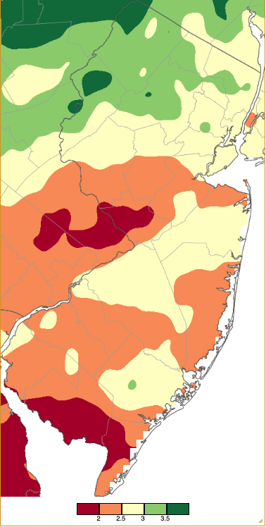 Figure 1. April 2026 precipitation across New Jersey based on a PRISM (Oregon State University) analysis generated using NWS Cooperative, CoCoRaHS, NJWxNet, and other professional weather station observations from 8 AM on March 31st to 8 AM on April 30th. Note the scale in inches at the bottom of the map. Totals range from 1.50”–1.99” (dark red) to 3.50”–3.99” (dark green). April 2026 precipitation across New Jersey based on a PRISM (Oregon State University) analysis generated using NWS Cooperative, CoCoRaHS, NJWxNet, and other professional weather station observations from 8 AM on March 31st to 8 AM on April 30th.