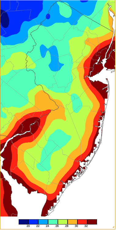 Figure 6. Minimum temperatures on April 21st based on a PRISM (Oregon State University) analysis generated using NWS, NJWxNet, and other professional weather stations. Map of minimum temperatures on April 21st based on a PRISM (Oregon State University) analysis generated using NWS, NJWxNet, and other professional weather stations.
