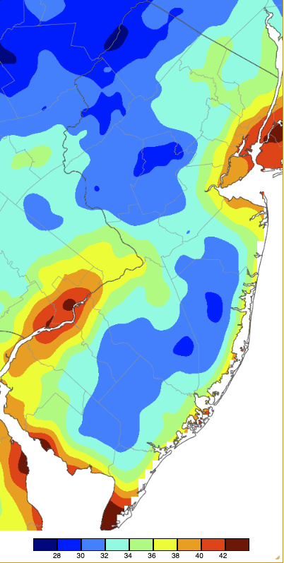 Figure 6. Minimum temperatures on April 22nd based on a PRISM (Oregon State University) analysis generated using NWS, NJWxNet, and other professional weather stations. Minimum temperatures on April 22nd based on a PRISM (Oregon State University) analysis generated using NWS, NJWxNet, and other professional weather stations.