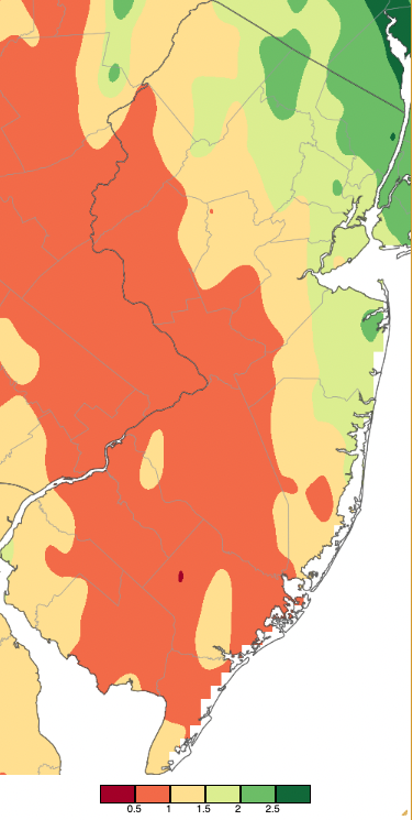 Figure 6. Precipitation across New Jersey from 8 AM on April 22nd through 8 AM April 24th based on a PRISM (Oregon State University) analysis generated using NWS Cooperative, CoCoRaHS, NJWxNet, and other professional weather station observations. Note the scale in inches beneath the map. Precipitation across New Jersey from 8 AM on April 22nd through 8 AM April 24th based on a PRISM (Oregon State University) analysis generated using NWS Cooperative, CoCoRaHS, NJWxNet, and other professional weather station observations.