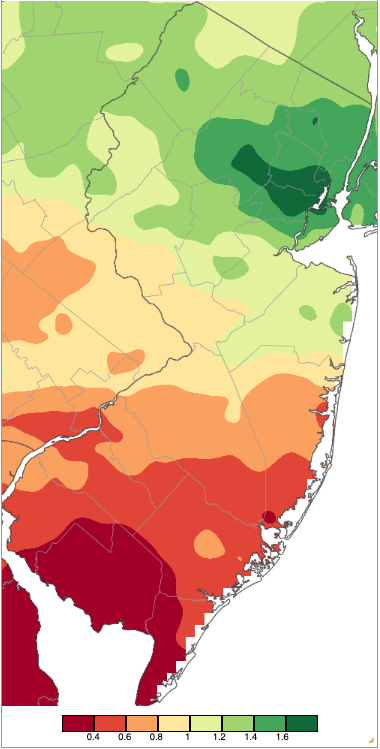 Figure 8. Precipitation across New Jersey from 8 AM on April 24th through 8 AM April 26th based on a PRISM (Oregon State University) analysis generated using NWS Cooperative, CoCoRaHS, NJWxNet, and other professional weather station observations. Note the scale in inches beneath the map. Map of precipitation across New Jersey from 8 AM on April 24th through 8 AM April 26th based on a PRISM (Oregon State University) analysis generated using NWS Cooperative, CoCoRaHS, NJWxNet, and other professional weather station observations.