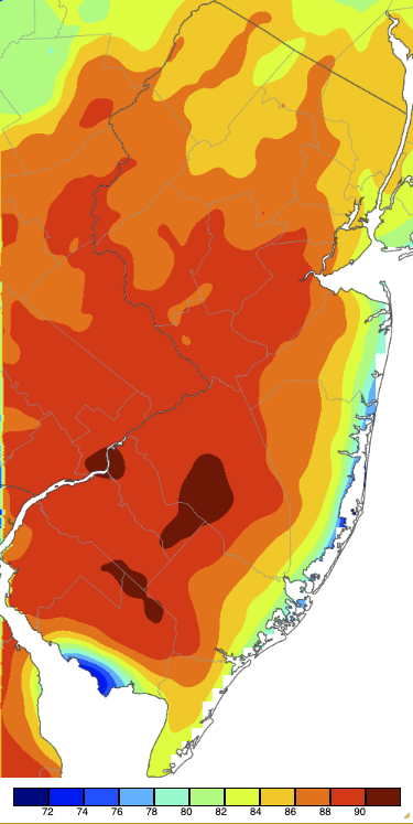 Figure 8. Maximum temperatures on April 29th based on a PRISM (Oregon State University) analysis generated using NWS, NJWxNet, and other professional weather stations. Maximum temperatures on April 29th based on a PRISM (Oregon State University) analysis generated using NWS, NJWxNet, and other professional weather stations.