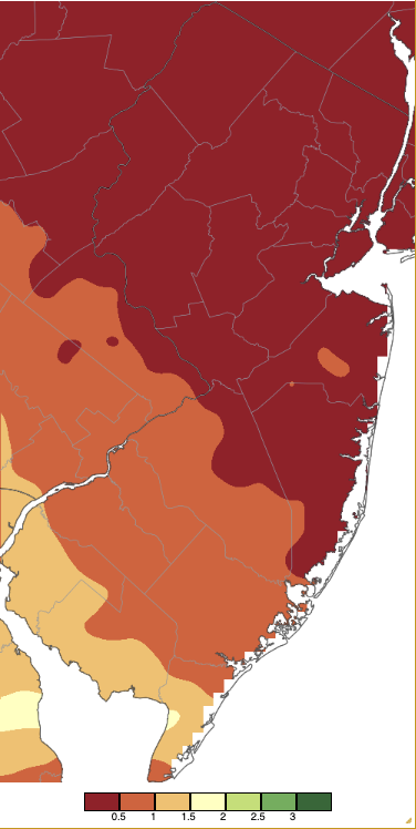 Figure 2. Precipitation across New Jersey from 8 AM on March 31st through 8 AM April 2nd based on a PRISM (Oregon State University) analysis generated using NWS Cooperative, CoCoRaHS, NJWxNet, and other professional weather station observations. Note the scale in inches beneath the map. Precipitation across New Jersey from 8 AM on March 31st through 8 AM April 2nd based on a PRISM (Oregon State University) analysis generated using NWS Cooperative, CoCoRaHS, NJWxNet, and other professional weather station observations.