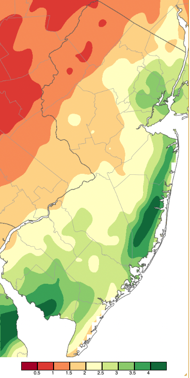 Figure 7. Precipitation across New Jersey from 8 AM on April 28th through 8 AM April 30th based on a PRISM (Oregon State University) analysis generated using NWS Cooperative, CoCoRaHS, NJWxNet, and other professional weather station observations. Note the scale in inches beneath the map. Precipitation across New Jersey from 8 AM on April 28th through 8 AM April 30th based on a PRISM (Oregon State University) analysis generated using NWS Cooperative, CoCoRaHS, NJWxNet, and other professional weather station observations.