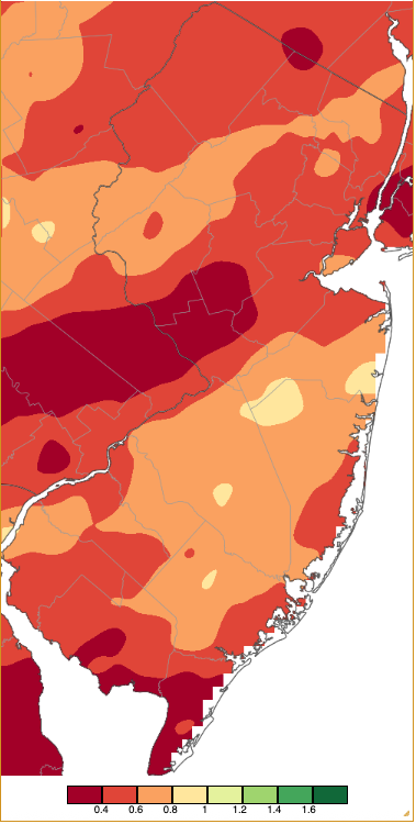 Figure 9. Precipitation across New Jersey from 8 AM on April 29th through 8 AM April 30th based on a PRISM (Oregon State University) analysis generated using NWS Cooperative, CoCoRaHS, NJWxNet, and other professional weather station observations. Map of precipitation across New Jersey from 8 AM on April 29th through 8 AM April 30th based on a PRISM (Oregon State University) analysis generated using NWS Cooperative, CoCoRaHS, NJWxNet, and other professional weather station observations.