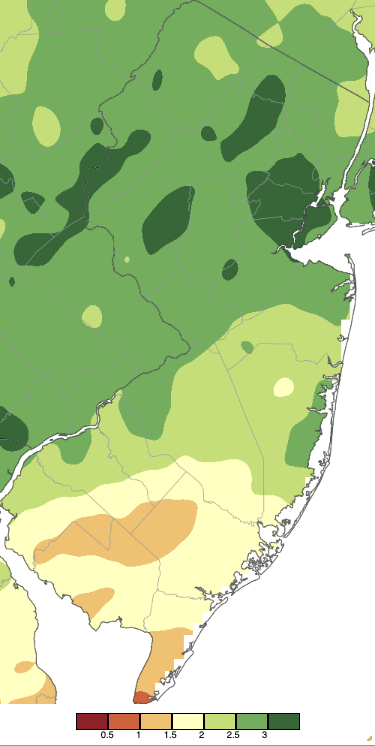 Figure 3. Precipitation across New Jersey from 8 AM on April 2nd through 8 AM April 4th based on a PRISM (Oregon State University) analysis generated using NWS Cooperative, CoCoRaHS, NJWxNet, and other professional weather station observations. Note the scale in inches beneath the map is the same as Figure 2. Precipitation across New Jersey from 8 AM on April 2nd through 8 AM April 4th based on a PRISM (Oregon State University) analysis generated using NWS Cooperative, CoCoRaHS, NJWxNet, and other professional weather station observations.