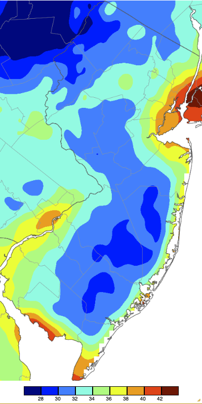 Figure 5. Minimum temperatures on April 8th based on a PRISM (Oregon State University) analysis generated using NWS, NJWxNet, and other professional weather stations. Note the 2-degree scale beneath the map. Minimum temperatures on April 8th based on a PRISM (Oregon State University) analysis generated using NWS, NJWxNet, and other professional weather stations.