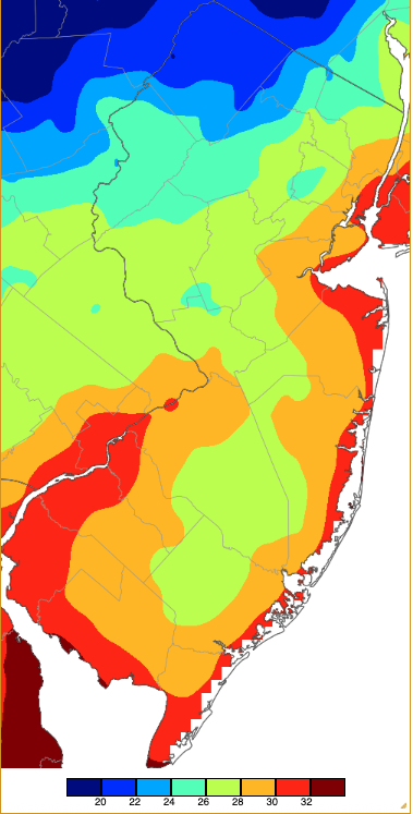 Figure 5. Minimum temperatures on April 8th based on a PRISM (Oregon State University) analysis generated using NWS, NJWxNet, and other professional weather stations. Map of minimum temperatures on April 8th based on a PRISM (Oregon State University) analysis generated using NWS, NJWxNet, and other professional weather stations.