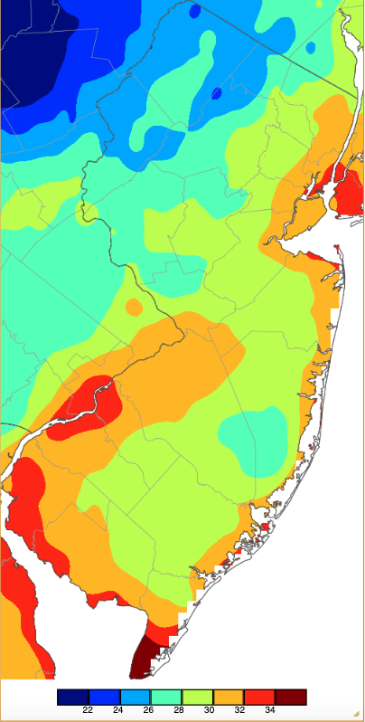 Figure 14. Minimum temperatures on April 9th based on a PRISM (Oregon State University) analysis generated using NWS, NJWxNet, and other professional weather stations. Note the 2° scale beneath the map. Minimum temperatures on April 9th based on a PRISM (Oregon State University) analysis generated using NWS, NJWxNet, and other professional weather stations.