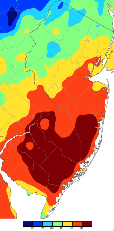 Figure 13. Maximum temperatures on August 21st based on a PRISM (Oregon State University) analysis generated using NWS, NJWxNet, and other professional weather stations. Maximum temperatures on August 21st based on a PRISM (Oregon State University) analysis generated using NWS, NJWxNet, and other professional weather stations.
