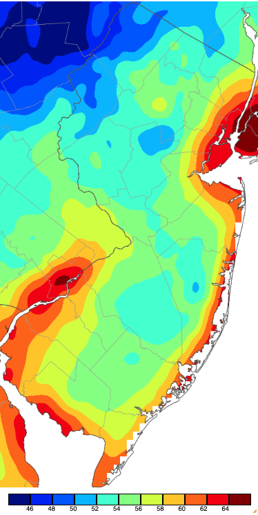 Figure 12. Minimum temperatures on August 2nd based on a PRISM (Oregon State University) analysis generated using NWS, NJWxNet, and other professional weather stations. Note the 2° scale beneath the map. Minimum temperatures on August 2nd based on a PRISM (Oregon State University) analysis generated using NWS, NJWxNet, and other professional weather stations.