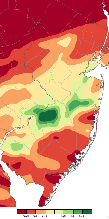 Figure 5. Precipitation across New Jersey from 8 AM on August 10th through 8 AM August 11th based on a PRISM (Oregon State University) analysis generated using NWS Cooperative, CoCoRaHS, NJWxNet, and other professional weather station observations. Precipitation across New Jersey from 8 AM on August 10th through 8 AM August 11th based on a PRISM (Oregon State University) analysis generated using NWS Cooperative, CoCoRaHS, NJWxNet, and other professional weather station observations.