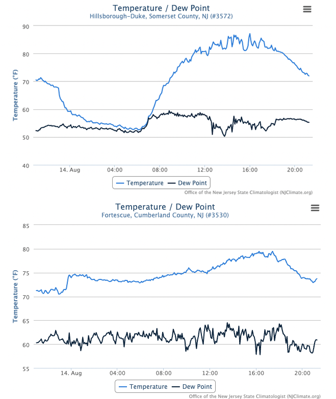 Figure 5. Time series of temperature and dew point at the Hillsborough-Duke (top) and Fortescue (bottom) NJWxNet stations from 9:20PM on August 13th to 9:20PM on August 14th. Time series of temperature and dew point at the Hillsborough-Duke (top) and Fortescue (bottom) NJWxNet stations from 9:20PM on August 13th to 9:20PM on August 14th..