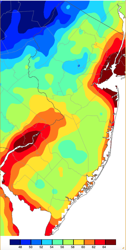Figure 7. Minimum temperatures on August 13th based on a PRISM (Oregon State University) analysis generated using NWS, NJWxNet, and other professional weather stations. Note the 2-degree increment scale beneath the map. Minimum temperatures on August 13th based on a PRISM (Oregon State University) analysis generated using NWS, NJWxNet, and other professional weather stations.