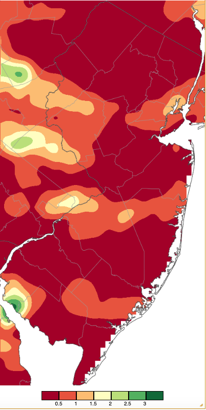 Figure 4. Precipitation across New Jersey from 8 AM on August 13th through 8 AM August 14th based on a PRISM (Oregon State University) analysis generated using NWS Cooperative, CoCoRaHS, NJWxNet, and other professional weather station observations. The scale in inches beneath the map is the same as in Figure 3. Precipitation across New Jersey from 8 AM on August 13th through 8 AM August 14th based on a PRISM (Oregon State University) analysis generated using NWS Cooperative, CoCoRaHS, NJWxNet, and other professional weather station observations.