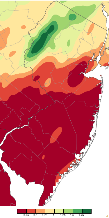 Figure 7. Precipitation across New Jersey from 8 AM on August 14th through 8 AM August 15th based on a PRISM (Oregon State University) analysis generated using NWS Cooperative, CoCoRaHS, NJWxNet, and other professional weather station observations. Precipitation across New Jersey from 8 AM on August 14th through 8 AM August 15th based on a PRISM (Oregon State University) analysis generated using NWS Cooperative, CoCoRaHS, NJWxNet, and other professional weather station observations.