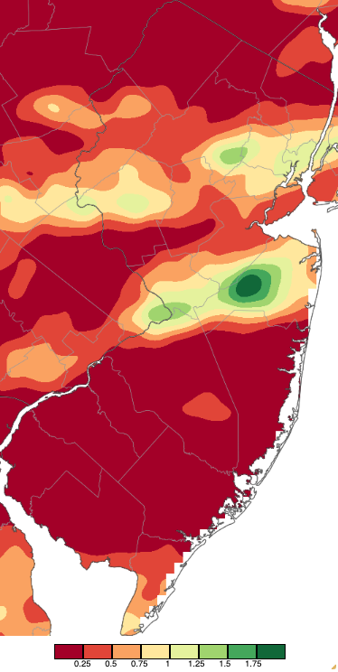 Figure 8. Precipitation across New Jersey from 8 AM on August 15th through 8 AM August 17th based on a PRISM (Oregon State University) analysis generated using NWS Cooperative, CoCoRaHS, NJWxNet, and other professional weather station observations. Precipitation across New Jersey from 8 AM on August 15th through 8 AM August 17th based on a PRISM (Oregon State University) analysis generated using NWS Cooperative, CoCoRaHS, NJWxNet, and other professional weather station observations.