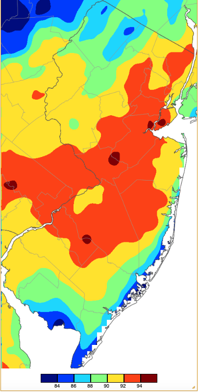 Figure 9. Maximum temperatures on August 17th based on a PRISM (Oregon State University) analysis generated using NWS, NJWxNet, and other professional weather stations. Note the 2° scale beneath the map. Maximum temperatures on August 17th based on a PRISM (Oregon State University) analysis generated using NWS, NJWxNet, and other professional weather stations.