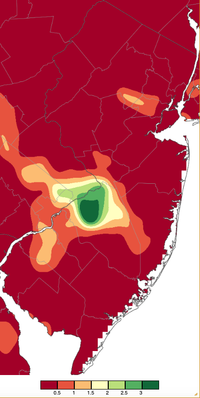 Figure 5. Precipitation across New Jersey from 8 AM on August 17th through 8 AM August 18th based on a PRISM (Oregon State University) analysis generated using NWS Cooperative, CoCoRaHS, NJWxNet, and other professional weather station observations. Precipitation across New Jersey from 8 AM on August 17th through 8 AM August 18th based on a PRISM (Oregon State University) analysis generated using NWS Cooperative, CoCoRaHS, NJWxNet, and other professional weather station observations.