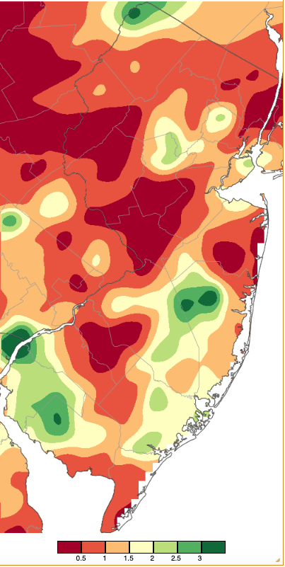 Figure 3. Precipitation across New Jersey from 8 AM on July 31st through 8 AM August 1st based on a PRISM (Oregon State University) analysis generated using NWS Cooperative, CoCoRaHS, NJWxNet, and other professional weather station observations. Note the scale in inches beneath the map. Precipitation across New Jersey from 8 AM on July 31st through 8 AM August 1st based on a PRISM (Oregon State University) analysis generated using NWS Cooperative, CoCoRaHS, NJWxNet, and other professional weather station observations.