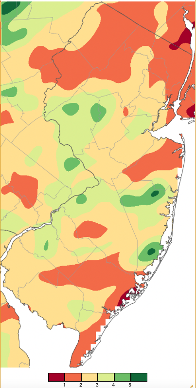 Figure 1. August 2022 precipitation across New Jersey based on a PRISM (Oregon State University) analysis generated using NWS Cooperative and CoCoRaHS observations from 8 AM on July 31st to 8 AM on August 31st. Note the scale in full inches at the bottom of the map. Totals range from 0.00–1.00” (dark red) to 5.00”–6.00” (dark green). August 2022 precipitation across New Jersey based on a PRISM (Oregon State University) analysis generated using NWS Cooperative and CoCoRaHS observations from 8 AM on July 31st to 8 AM on August 31st.