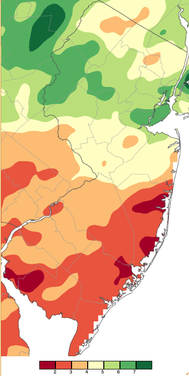Figure 1. August 2023 precipitation across New Jersey based on a PRISM (Oregon State University) analysis generated using NWS Cooperative, CoCoRaHS, NJWxNet, and other professional weather station observations from approximately 8 AM on July 31st to 8 AM on August 31st. Note the scale in inches at the bottom of the map. Totals range from 1.00”–1.99” (dark red) to 7.00”–7.99” (dark green). August 2023 precipitation across New Jersey based on a PRISM (Oregon State University) analysis generated using NWS Cooperative, CoCoRaHS, NJWxNet, and other professional weather station observations from approximately 8 AM on July 31st to 8 AM on August 31st.