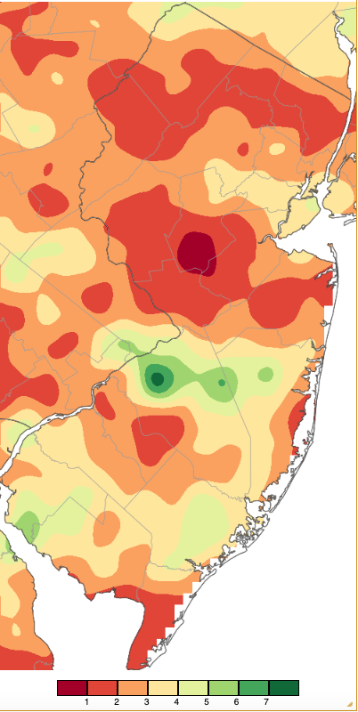 Figure 1. August 2025 precipitation across New Jersey based on a PRISM (Oregon State University) analysis generated using NWS Cooperative, CoCoRaHS, NJWxNet, and other professional weather station observations from approximately 8 AM on July 31st to 8 AM on August 31st. Note the scale in inches at the bottom of the map. Totals range from 0.00”–1.99” (dark red) to 7.00”–7.99” (dark green). August 2025 precipitation across New Jersey based on a PRISM (Oregon State University) analysis generated using NWS Cooperative, CoCoRaHS, NJWxNet, and other professional weather station observations from approximately 8 AM on July 31st to 8 AM on August 31st.