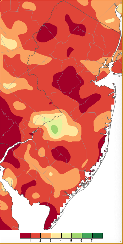Figure 2. Precipitation across New Jersey based on a PRISM (Oregon State University) analysis generated using NWS Cooperative, CoCoRaHS, NJWxNet, and other professional weather station observations from approximately 8 AM on August 1st (excluding PM rain from July 31st) to 8 AM on August 31st. The scale is the same as in Figure 1. Precipitation across New Jersey based on a PRISM (Oregon State University) analysis generated using NWS Cooperative, CoCoRaHS, NJWxNet, and other professional weather station observations from approximately 8 AM on August 1st (excluding PM rain from July 31st) to 8 AM on August 31st.