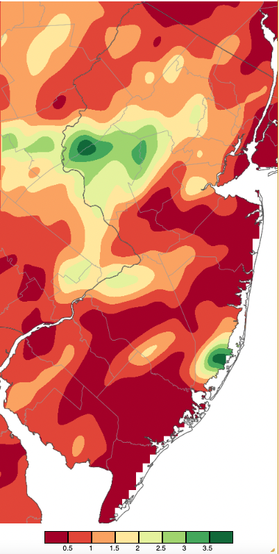 Figure 10. Precipitation across New Jersey from 8 AM on August 21st through 8 AM August 23rd based on a PRISM (Oregon State University) analysis generated using NWS Cooperative and CoCoRaHS observations. Note the scale in inches beneath the map. Precipitation across New Jersey from 8 AM on August 21st through 8 AM August 23rd based on a PRISM (Oregon State University) analysis generated using NWS Cooperative and CoCoRaHS observations.