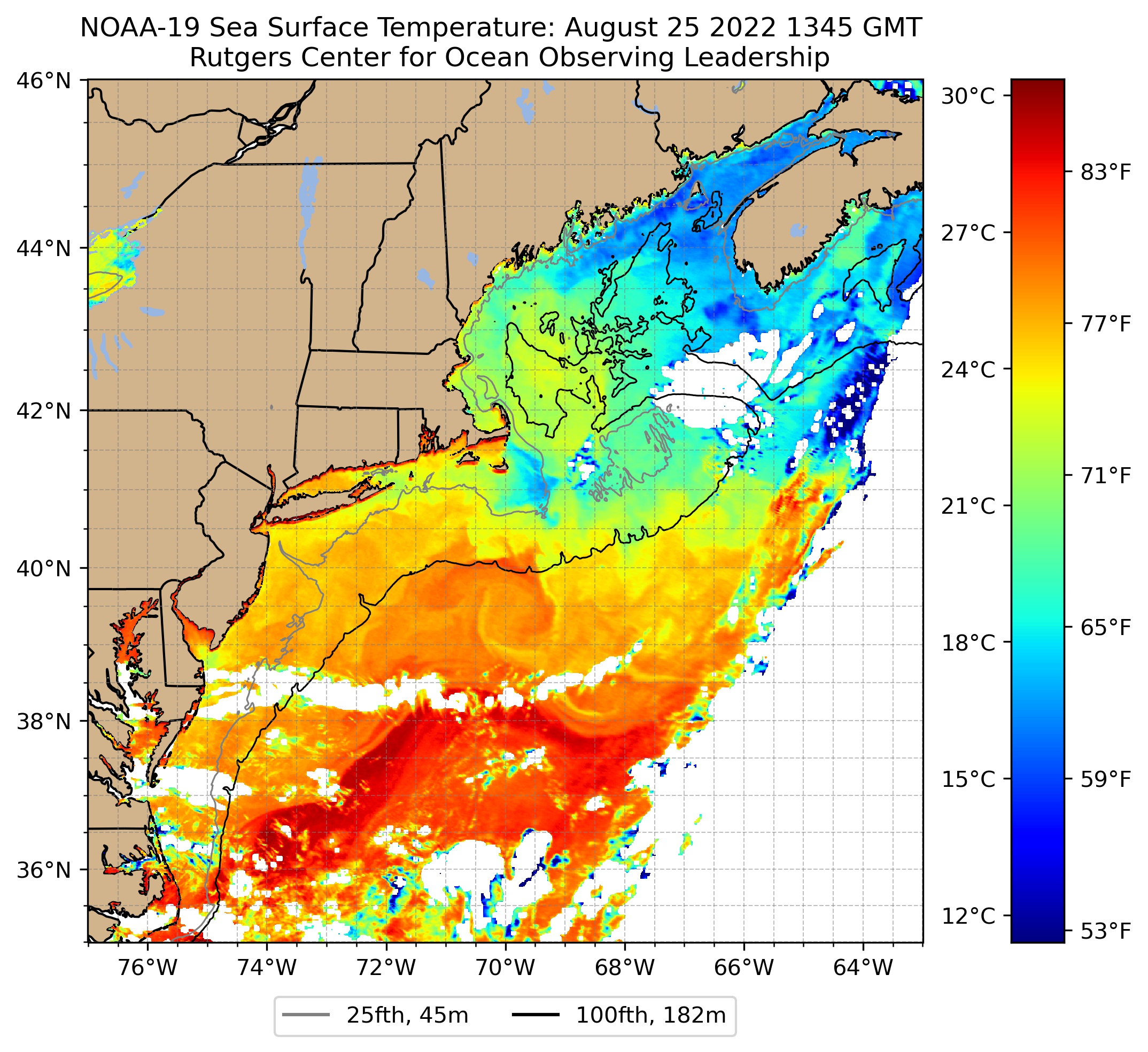 Figure 6. Sea Surface temperatures at 9:45 AM on August 25th based on data from the NOAA-19 satellite. Image courtesy of the Rutgers Center for Ocean Observing Leadership. Sea Surface temperatures at 9:45 AM on August 25th based on data from the NOAA-19 satellite. Image courtesy of the Rutgers Center for Ocean Observing Leadership.