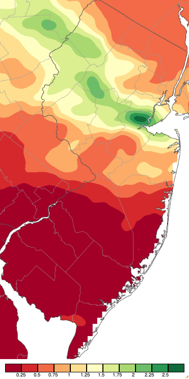 Figure 9. Precipitation across New Jersey from 8 AM on August 24th through 8 AM August 27th based on a PRISM (Oregon State University) analysis generated using NWS Cooperative, CoCoRaHS, NJWxNet, and other professional weather station observations. Notice that the scale extends beyond that of the events mapped in earlier figures. Precipitation across New Jersey from 8 AM on August 24th through 8 AM August 27th based on a PRISM (Oregon State University) analysis generated using NWS Cooperative, CoCoRaHS, NJWxNet, and other professional weather station observations.