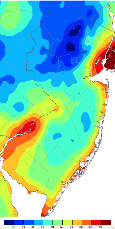 Figure 10. Minimum temperatures on August 31st based on a PRISM (Oregon State University) analysis generated using NWS, NJWxNet, and other professional weather stations. Minimum temperatures on August 31st based on a PRISM (Oregon State University) analysis generated using NWS, NJWxNet, and other professional weather stations.