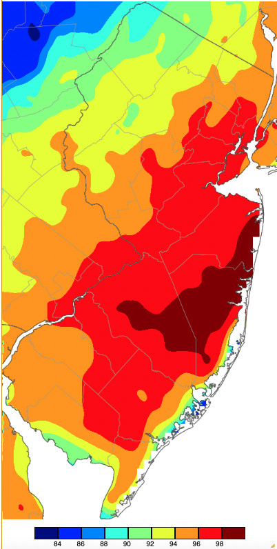Figure 2. Maximum temperatures on August 9th based on a PRISM (Oregon State University) analysis generated using NWS, NJWxNet, and other professional weather stations. Note the 2-degree increment scale beneath the map. Maximum temperatures on August 9th based on a PRISM (Oregon State University) analysis generated using NWS, NJWxNet, and other professional weather stations.