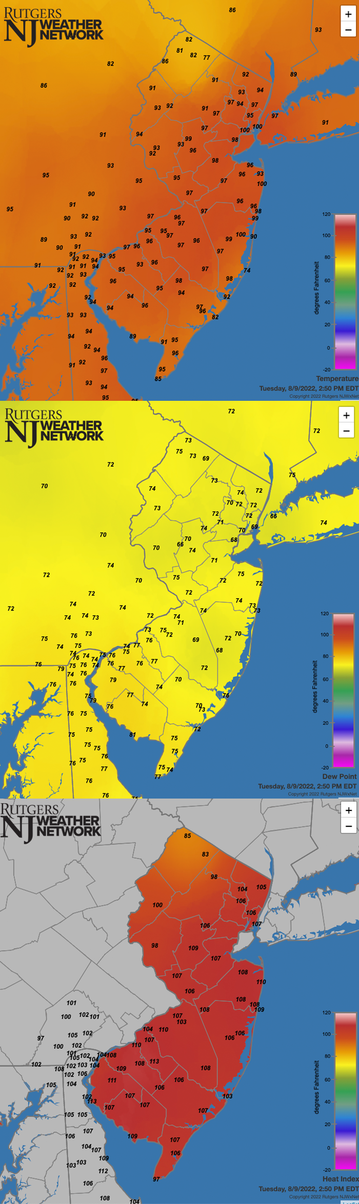 Figure 3. Surface air temperature (top), dew point (middle), and heat index (bottom) at 2:50 PM EDT on August 9th. Observations are from Rutgers NJ Weather Network, National Weather Service airport stations, Shrewsbury Weather Network, and Delaware Environmental Observing System Network, with the heat index calculated from the observed temperature and humidity data. Surface air temperature (top), dew point (middle), and heat index (bottom) at 2:50 PM EDT on August 9th. Observations are from Rutgers NJ Weather Network, National Weather Service airport stations, Shrewsbury Weather Network, and Delaware Environmental Observing System Network, with the heat index calculated from the observed temperature and humidity data.