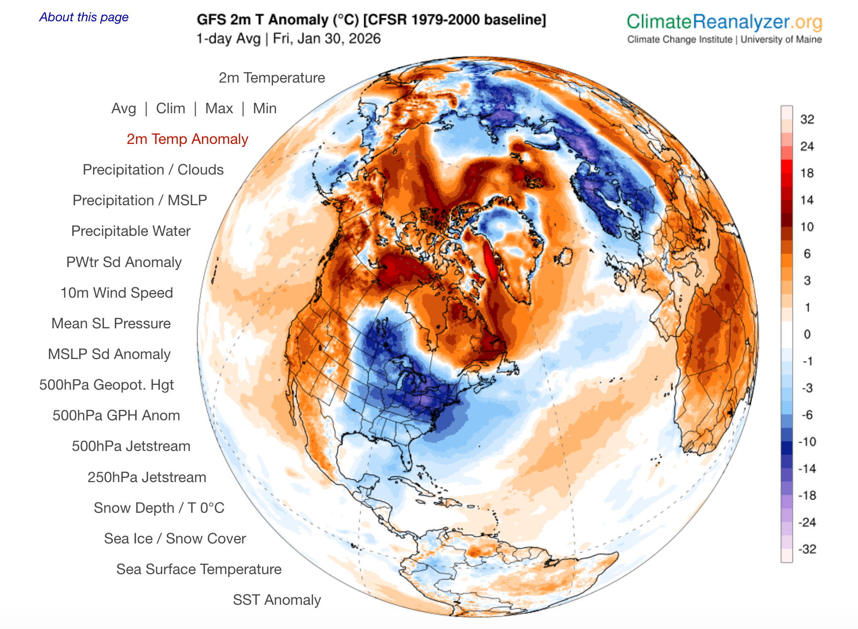 NOAA Global Forecast System average 2-meter temperature anomalies (in °C) for January 30th over a portion of the Northern Hemisphere centered over North America and the north Atlantic Ocean (Climate Reanalyzer, University of Maine).